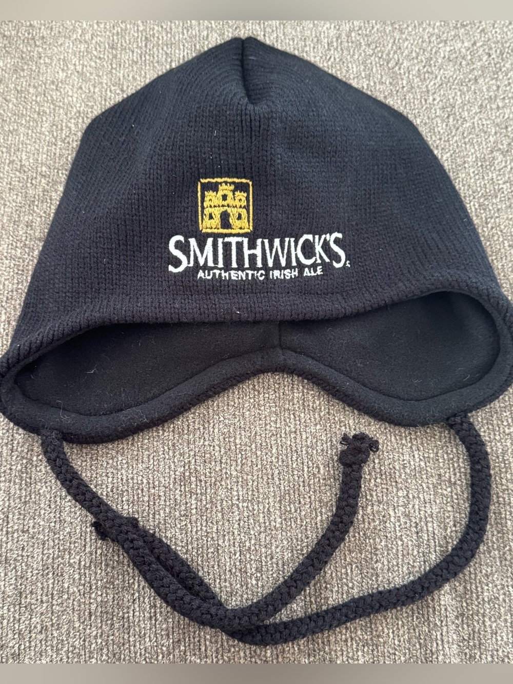 Black Knit Earflap Hat with Chin Ties